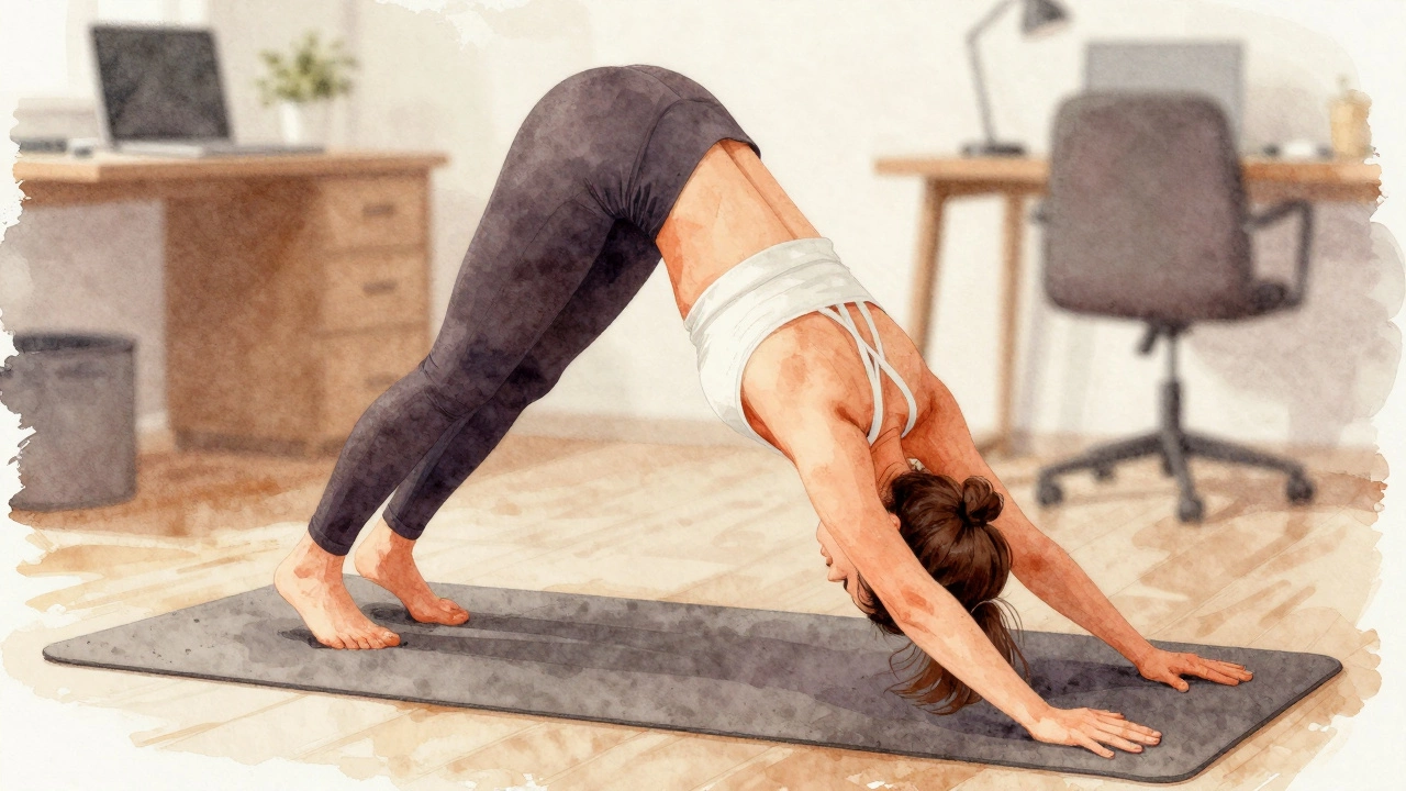 Person in Downward Dog pose stretching hamstrings on yoga mat.