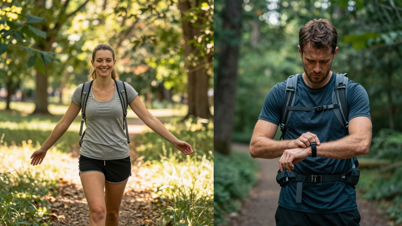 Split image: a woman walks joyfully in nature without a tracker, while a man stops hiking to check his device.
