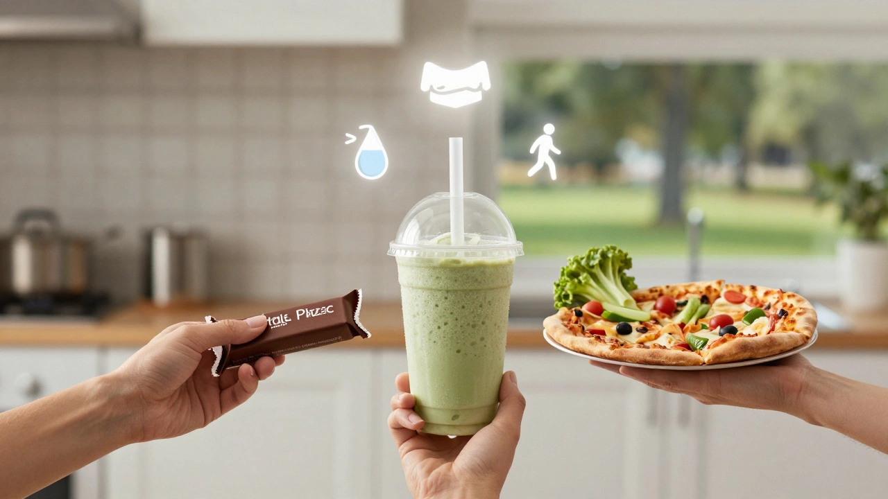 Three unhealthy meals being replaced by a protein shake, surrounded by icons of sleep, water, and walking for holistic fat loss.