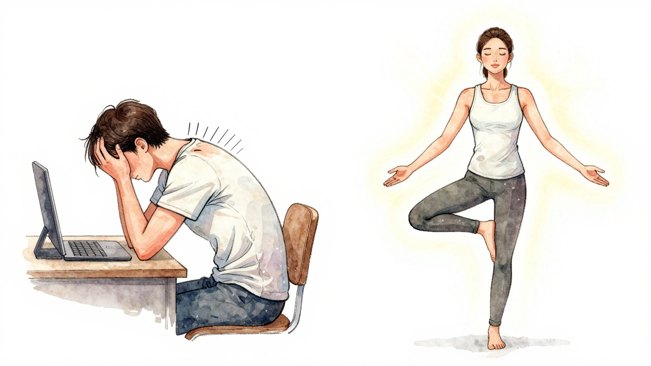 Two sides of the same person: one tense and slumped, the other calm and aligned in yoga posture.