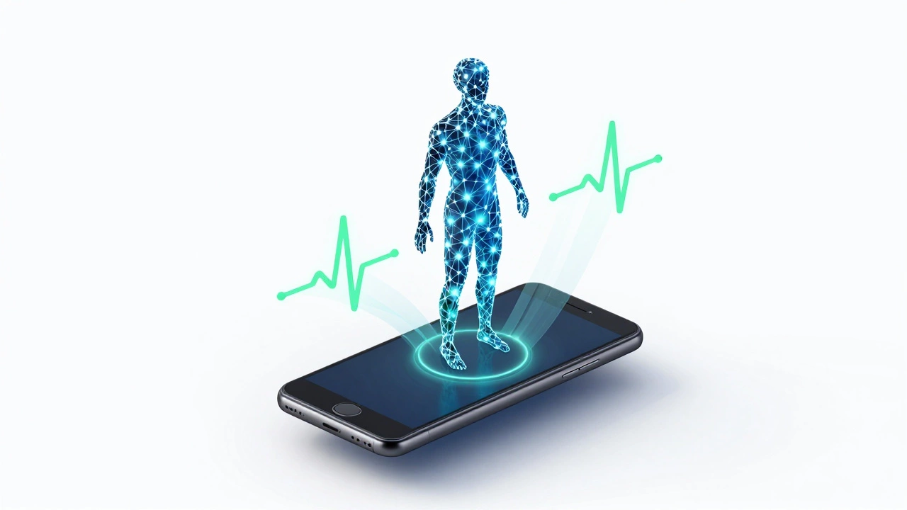3D illustration of phone connecting to human body data points