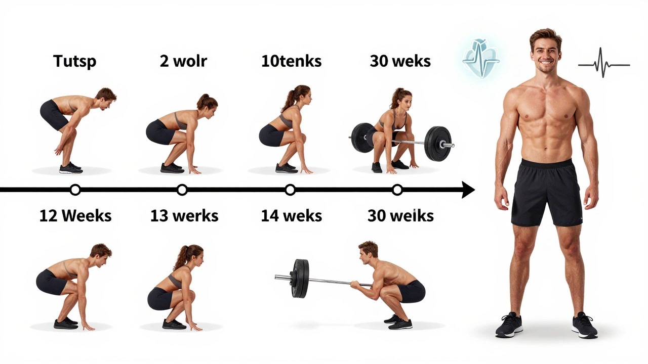 A 12-week transformation timeline showing progression from hesitant movement to strong, confident physique through consistent short workouts.