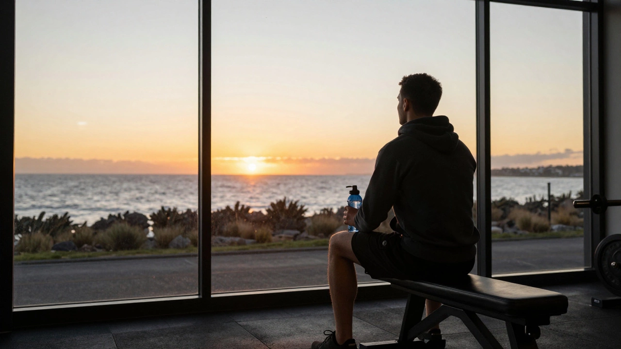A lifter sitting quietly on a bench at dusk, gazing out a window at an ocean sunset, no equipment in sight.