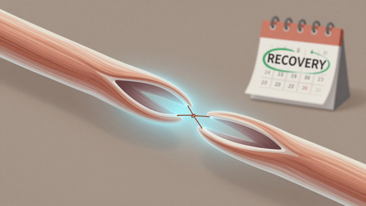 A magnified muscle fiber repairing itself under a soft blue glow, with a calendar showing two rest days marked in green.