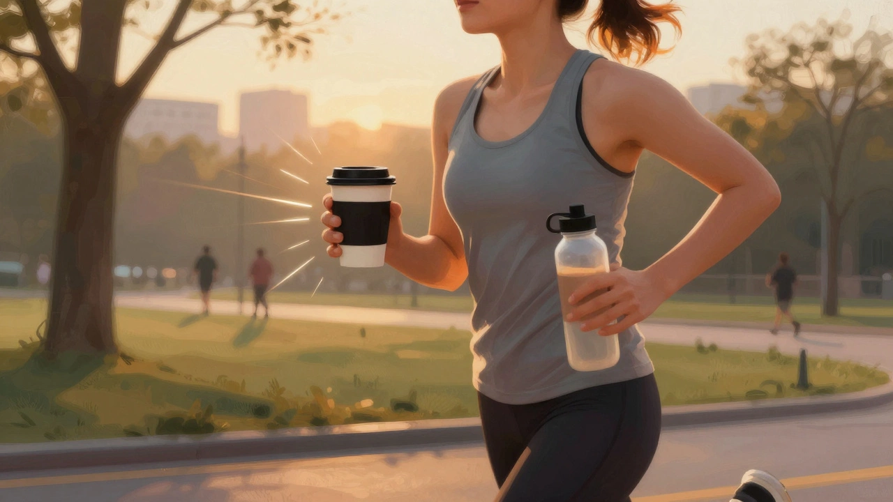 A runner at sunrise holding coffee and water, with glowing energy symbols suggesting fat metabolism.