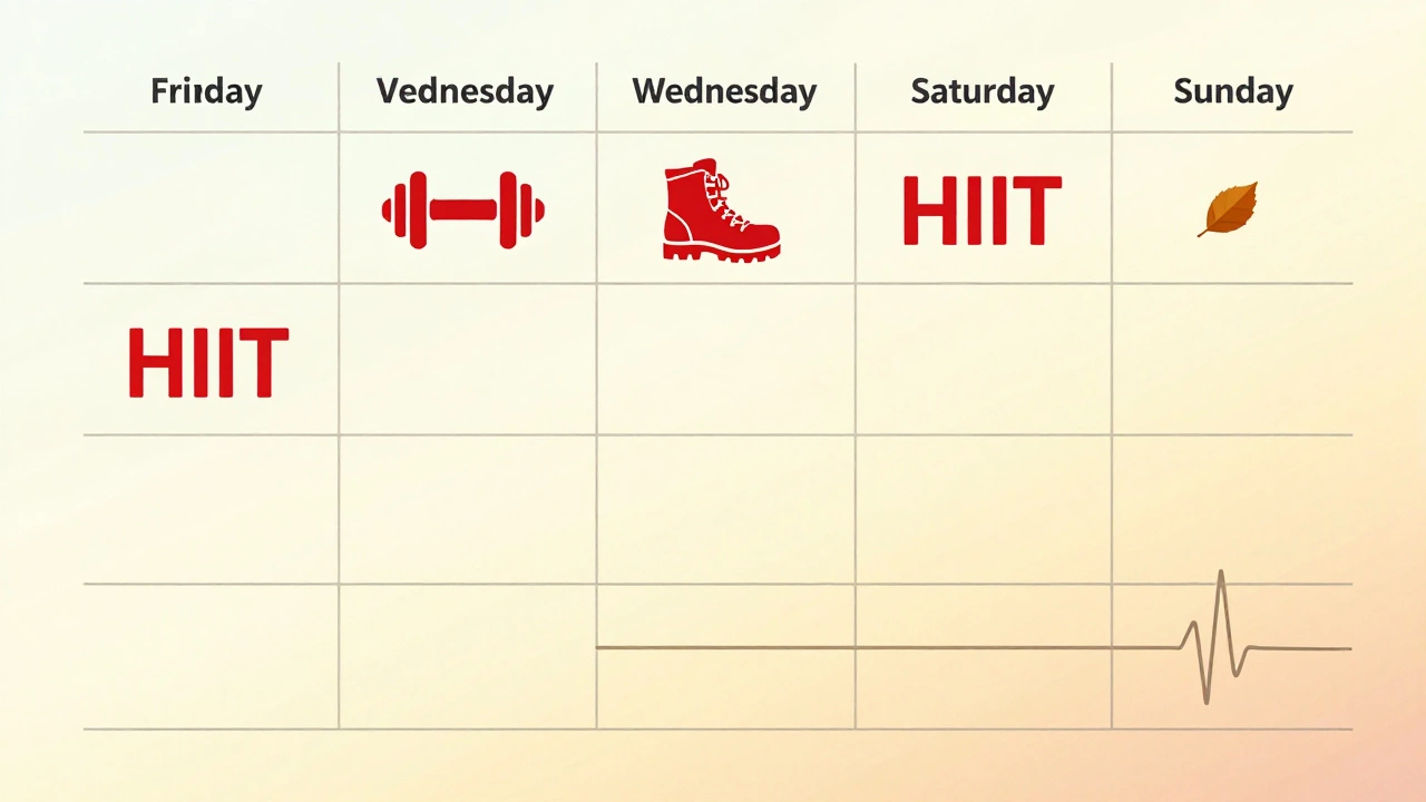A weekly workout calendar showing HIIT sessions spaced apart with rest and low-impact activities in between.