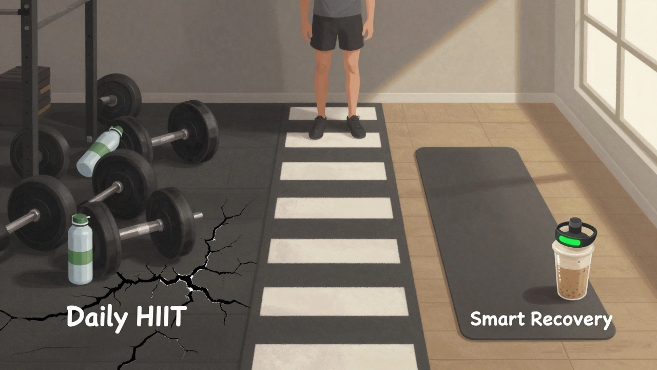 An athlete choosing between chaotic overtraining and calm recovery paths in a symbolic gym setting.