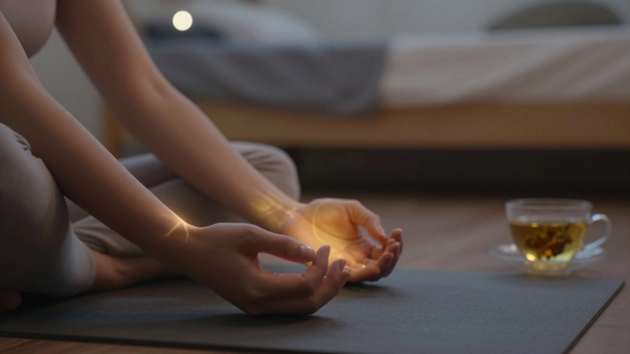 Close-up of meditating hands with a subtle golden glow, symbolizing deep breathing and cellular renewal at night.