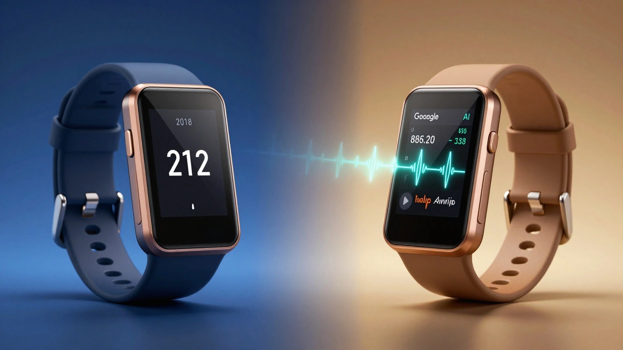 Comparison of old and new Fitbit interfaces showing technological upgrade with AI analytics.