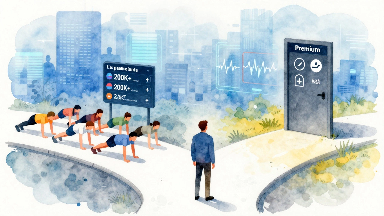 Conceptual crossroads: community fitness path vs locked premium access with data streams in background.