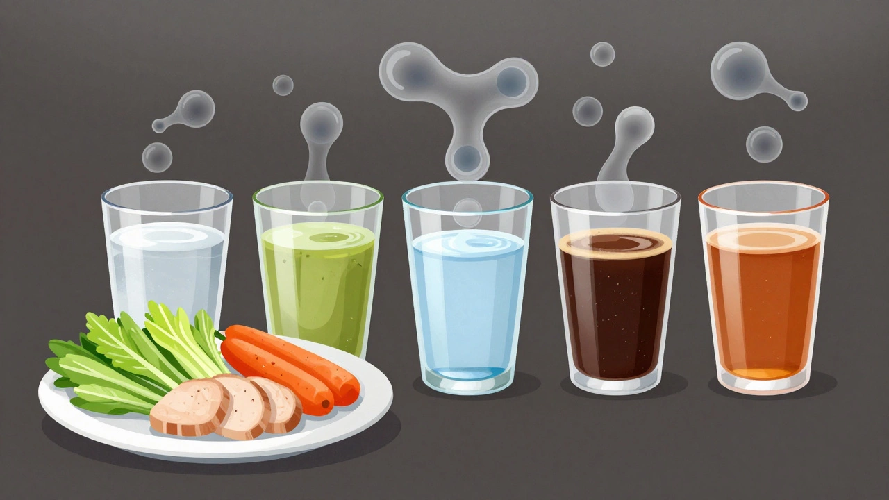 Five healthy drinks arranged by time of day, with faint fat molecules dissolving above them.