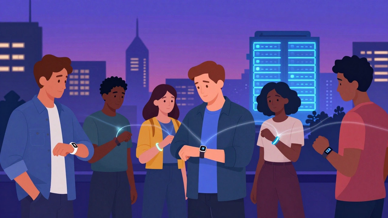 People wearing Fitbits with data streams connecting to a distant Google server cityscape.