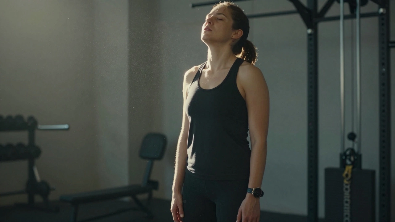 Person catching breath during rest interval in a gym setting