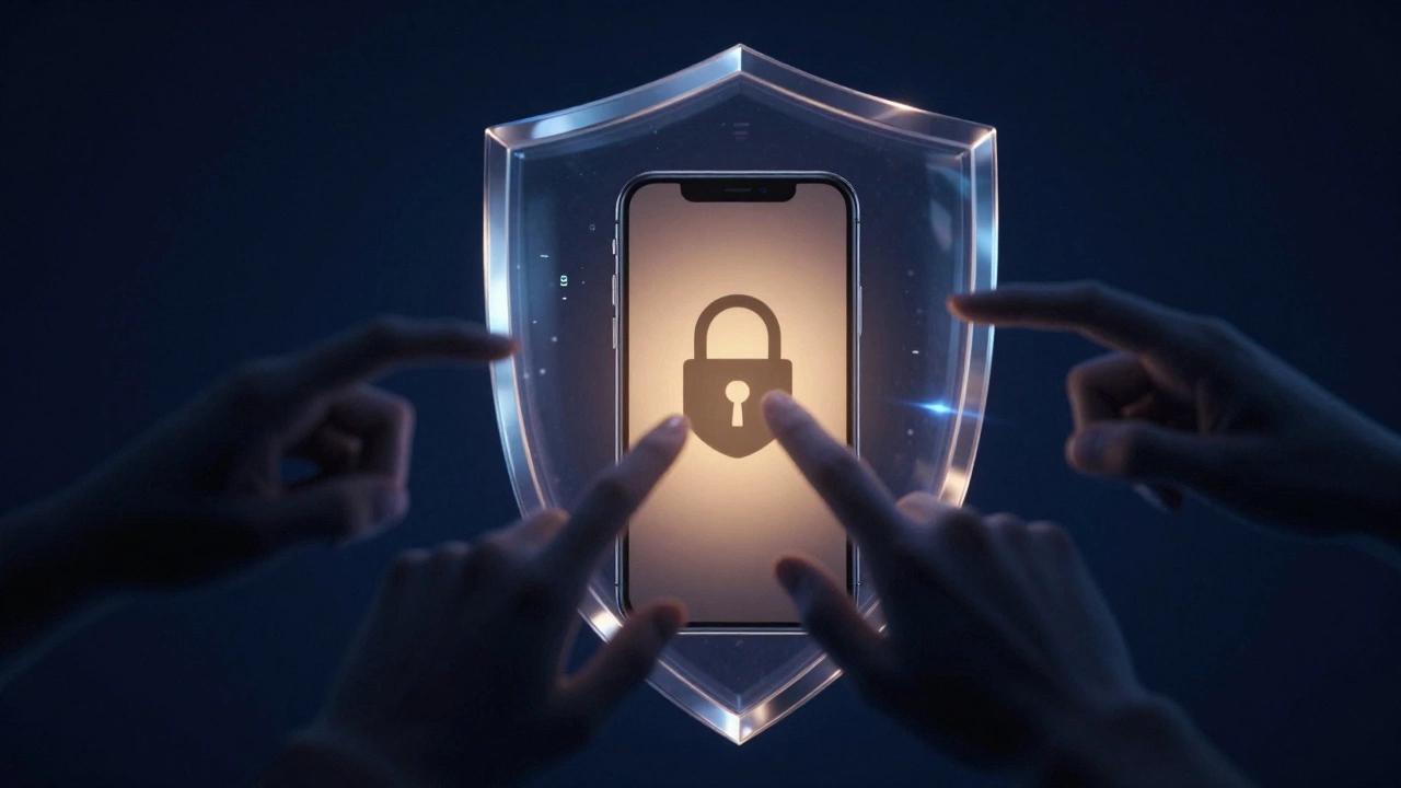 Smartphone protected by shield representing data security
