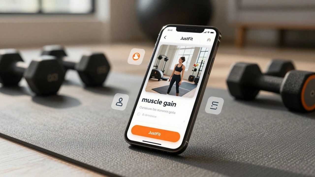 Smartphone showing JustFit daily workout with ad and fitness gear on a home yoga mat in morning light.