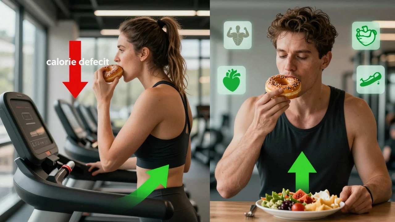 Split-screen comparison of poor vs. balanced post-workout nutrition with metabolic icons illustrating calorie balance.