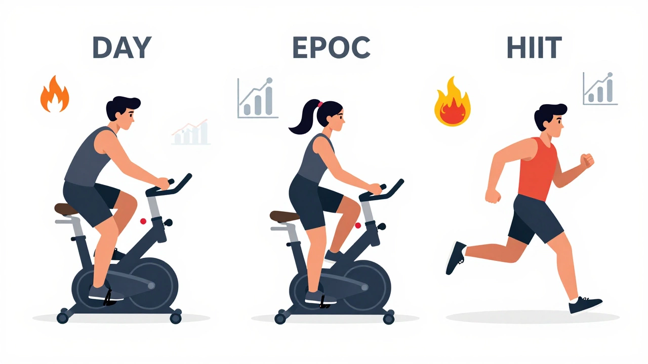 Weekly workout schedule showing steady-state cardio and HIIT days with visual metaphors for calorie burn and metabolism.