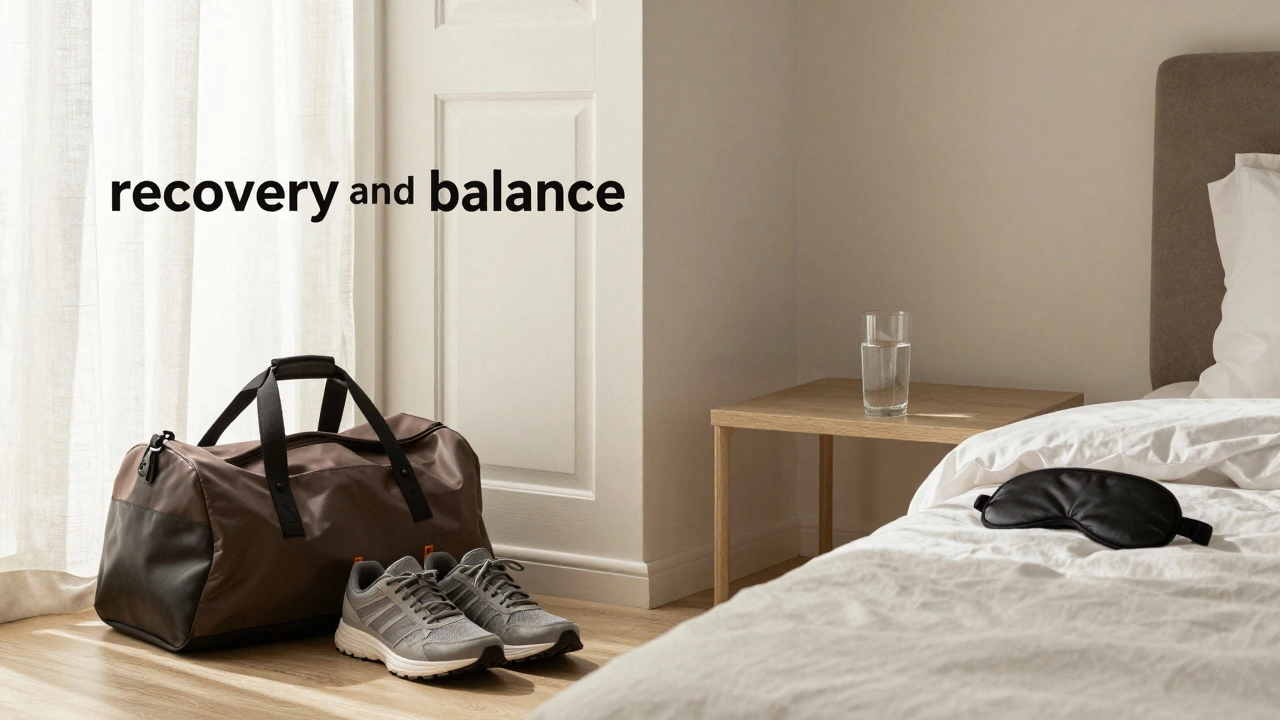 A gym bag next to a peaceful bedside table for recovery