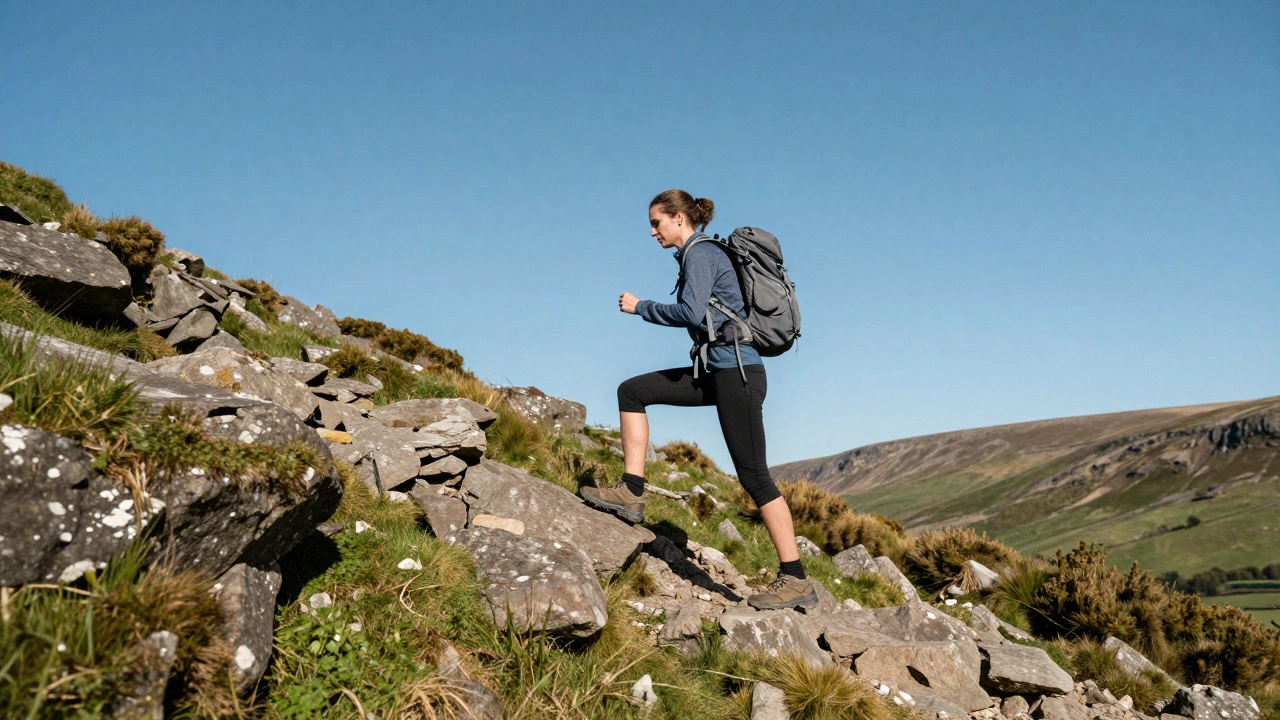 A person hiking a rocky trail in the British countryside.