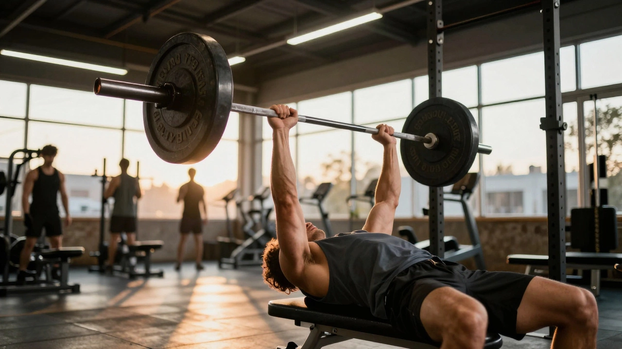A person lifting a heavy barbell during a high-intensity evening gym session.