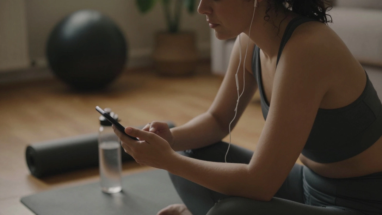 A person resting in a home gym, focusing on mindful recovery