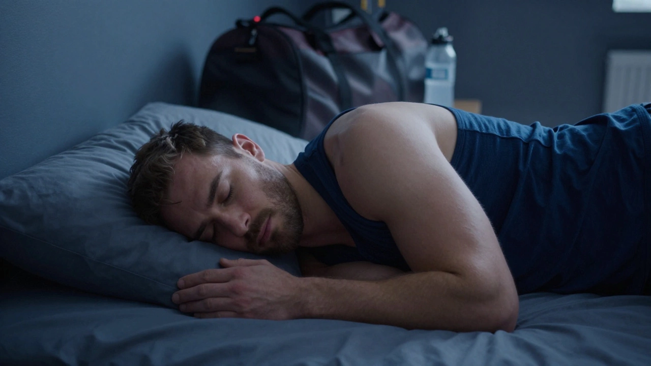 A person sleeping soundly in a dark room, symbolizing physical recovery and muscle repair.
