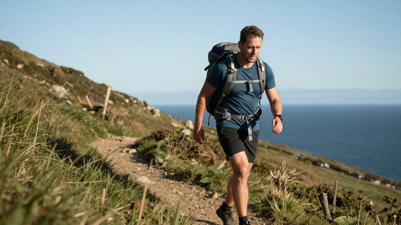 A person with a weighted backpack walking up a scenic coastal hill.