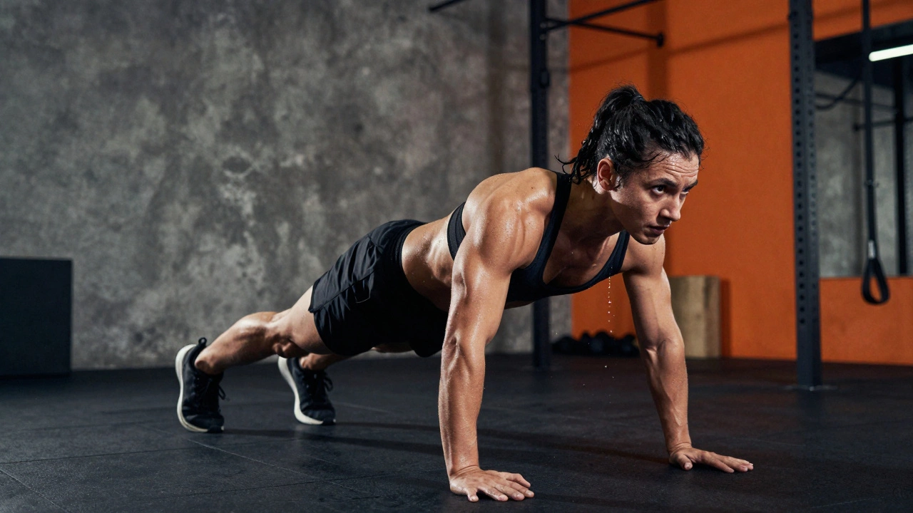 Athlete doing a high-intensity burpee exercise in a fitness studio