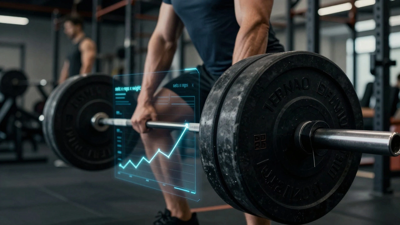 Close-up of a barbell with holographic data symbolizing progressive overload training.