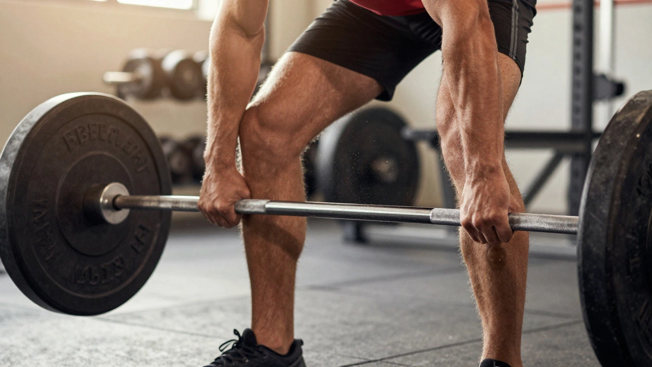 Close-up of hands gripping a barbell for a deadlift strength training exercise