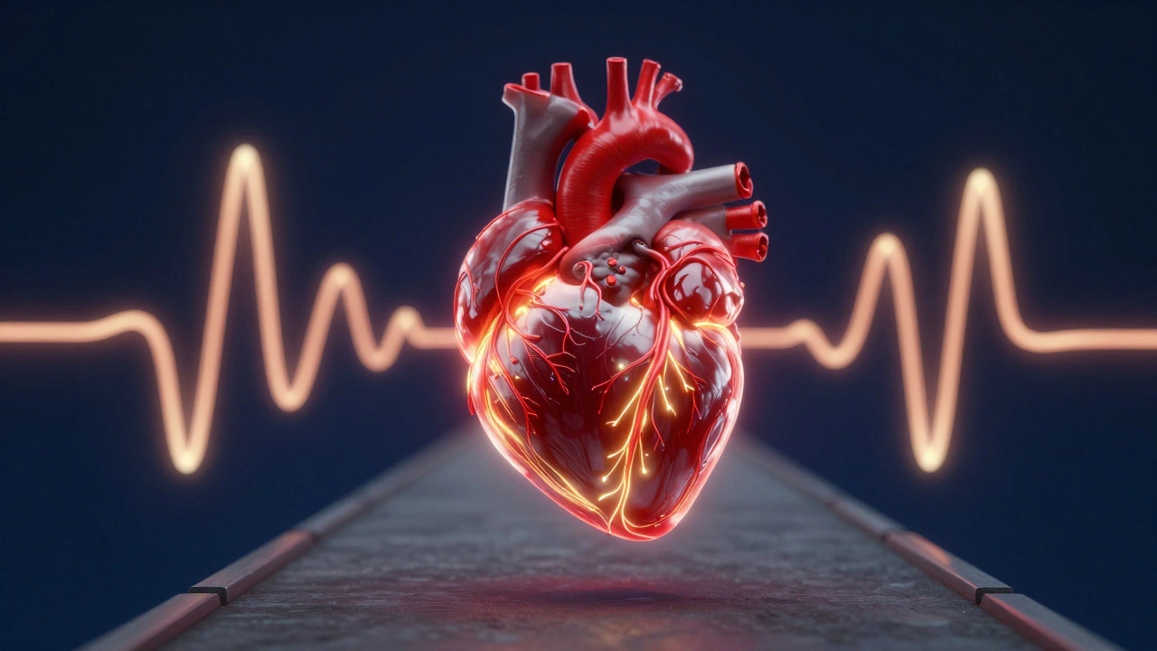 Conceptual art of a healthy glowing heart with flowing oxygen lines.