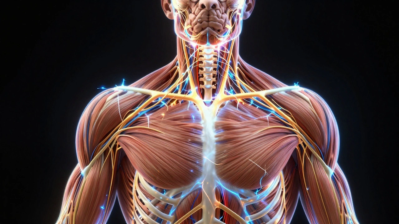 Digital art of a human body with glowing electrical circuits representing the nervous system.