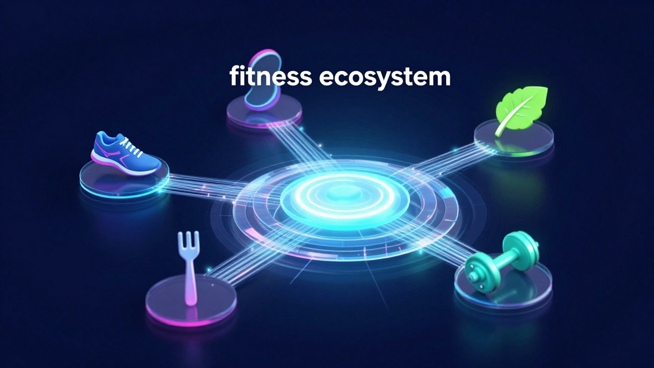Digital illustration of a connected health data ecosystem with fitness icons