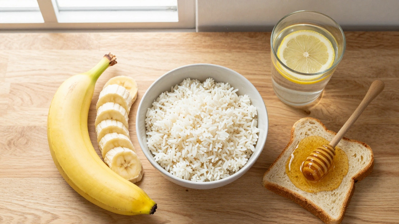 Flat lay of gut-safe foods including white rice, banana, and sourdough toast.