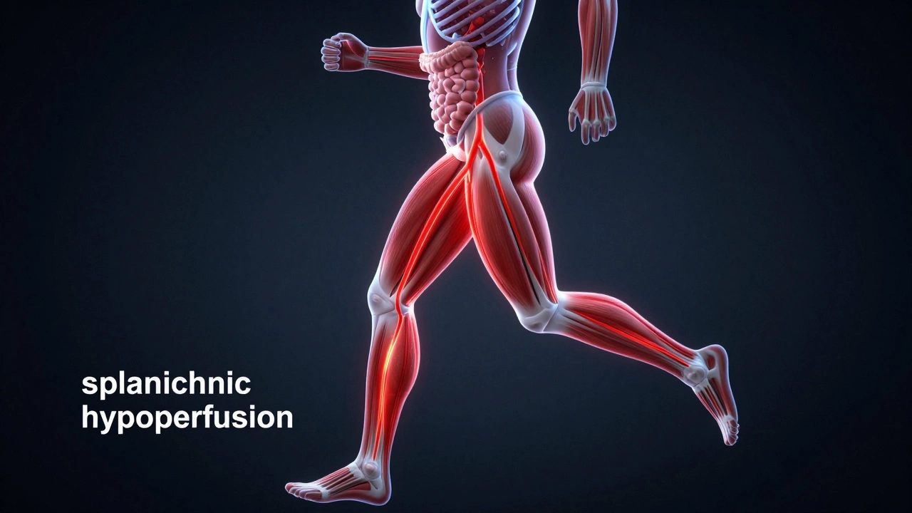 Medical illustration showing blood shifting from the gut to leg muscles.