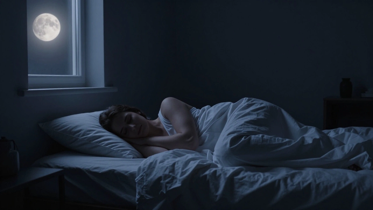 Person sleeping peacefully in a dark, cool bedroom for hormonal recovery