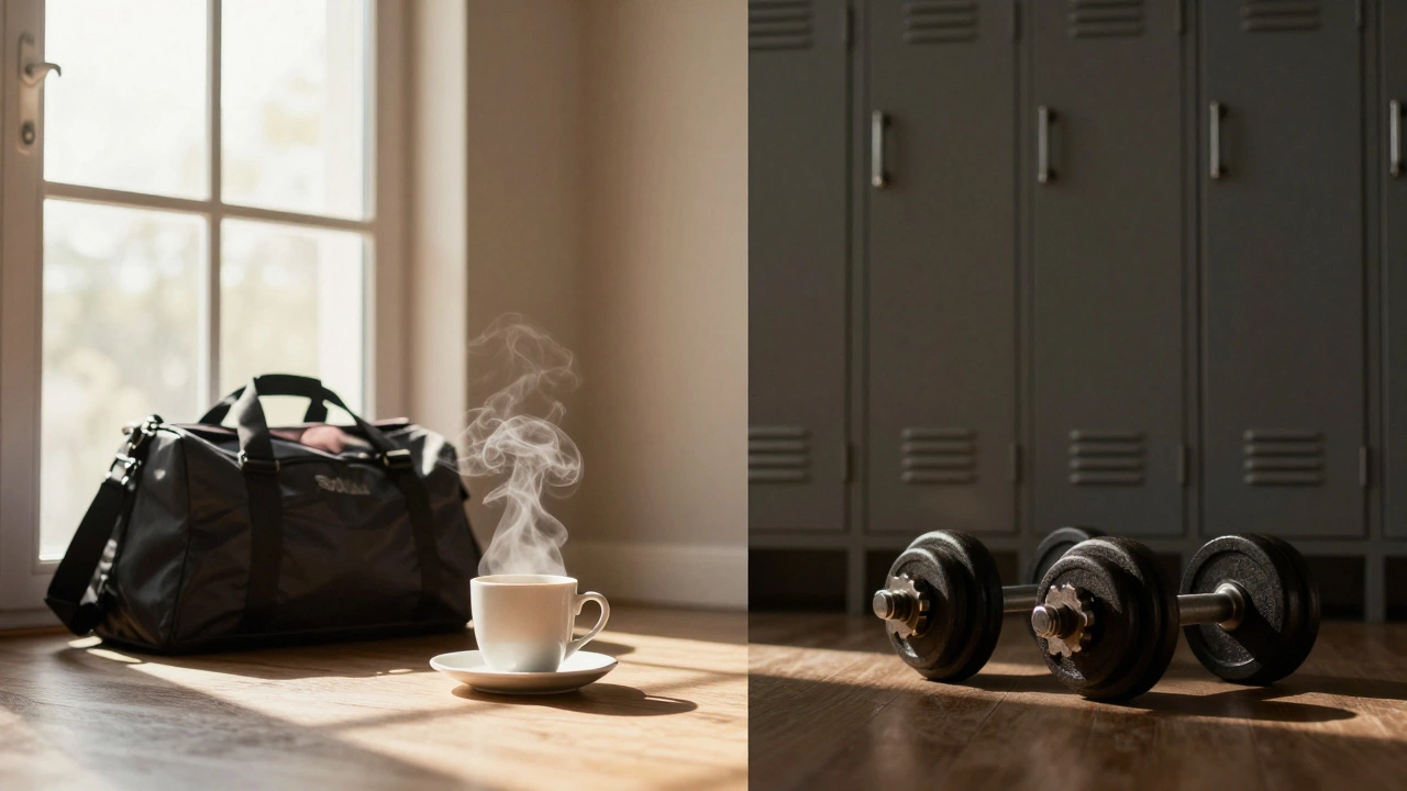 Split screen showing a bright morning routine and a powerful evening gym setting.
