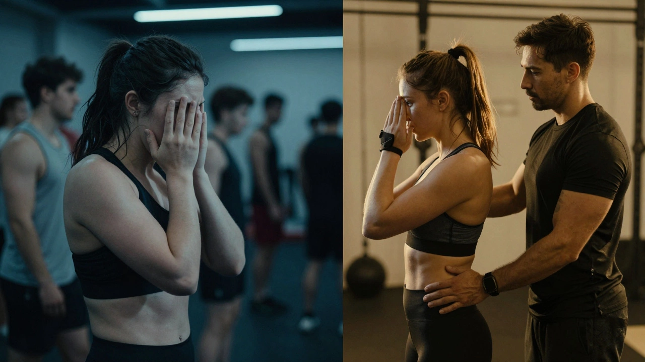 Split screen showing a person feeling intimidated versus feeling confident with a coach.
