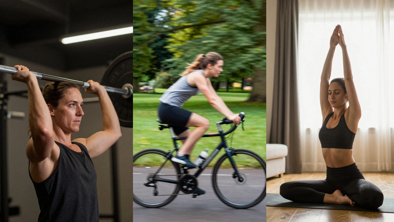 Split-screen showing weightlifting, cycling in a park, and a yoga pose.