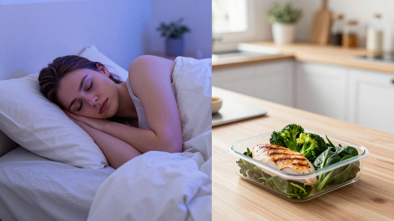 Split view of a person sleeping peacefully and a high-protein healthy meal