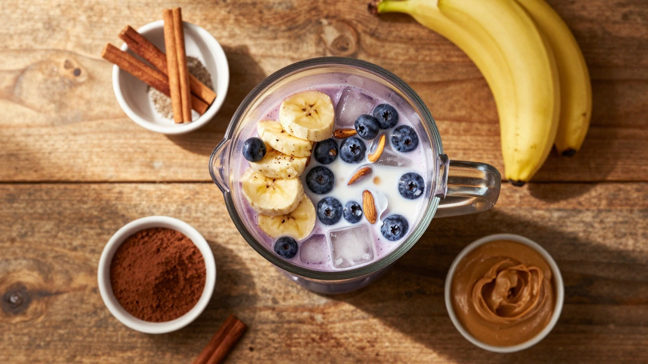 Blender with fruit, ice, and spices for a homemade protein shake