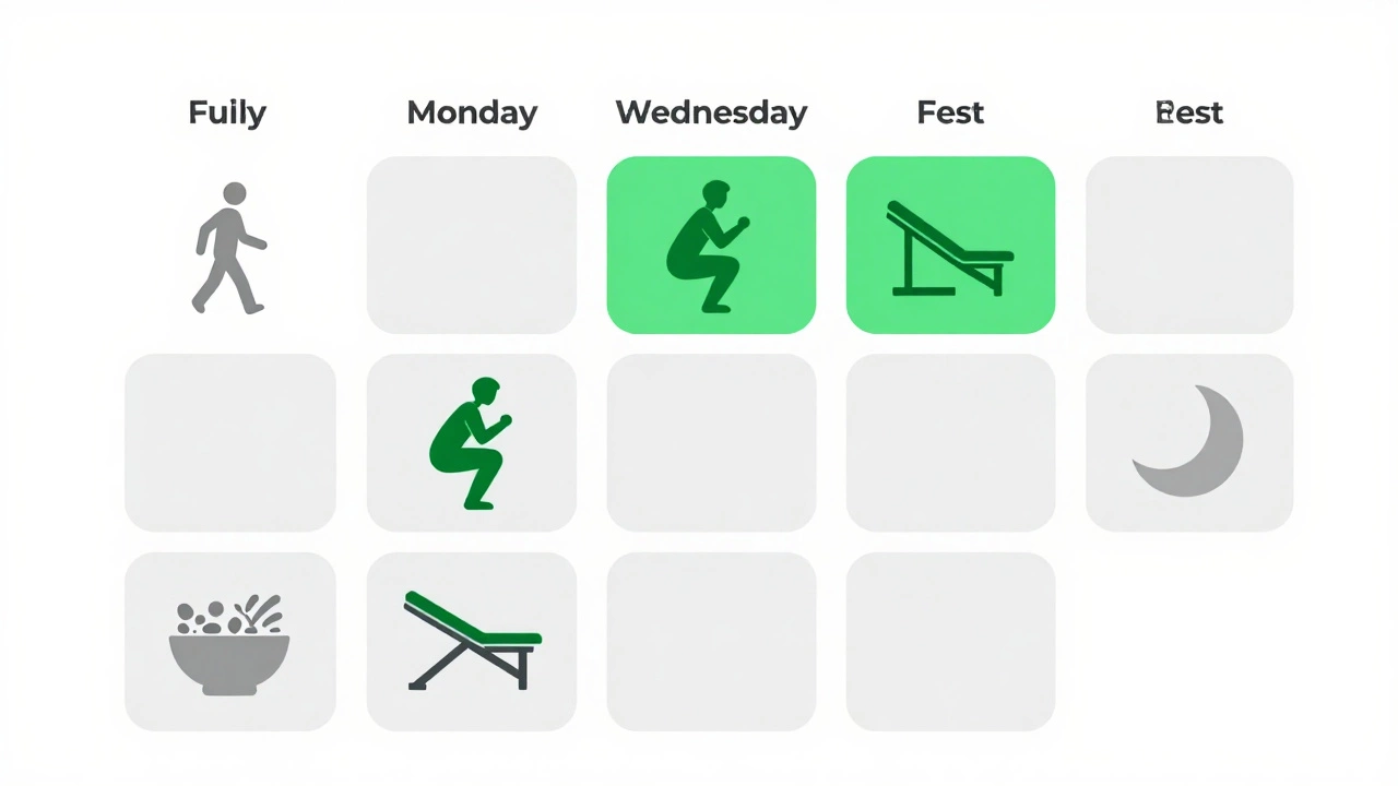 Calendar highlighting three workout days and four rest days