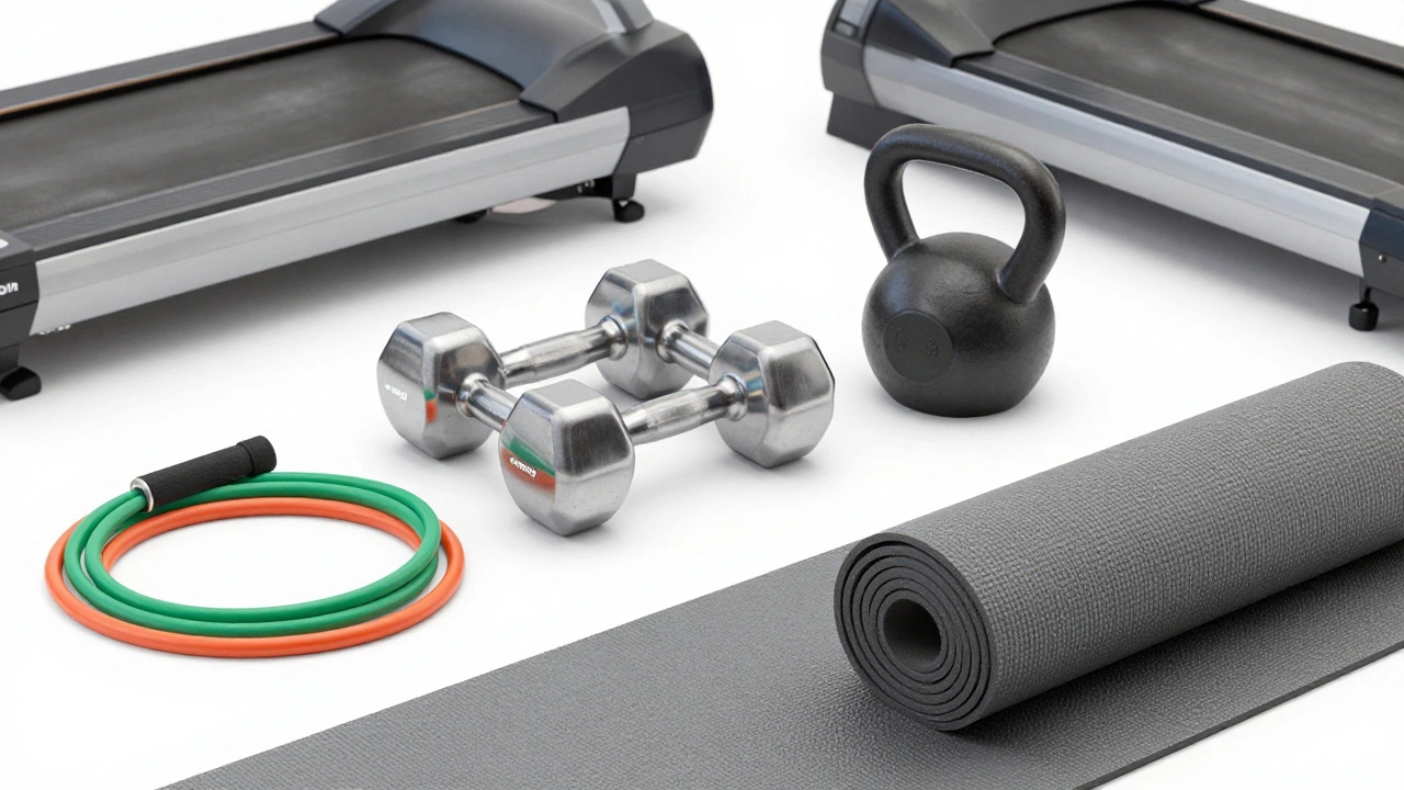 Essential home gym equipment including resistance bands, mat, and dumbbells.