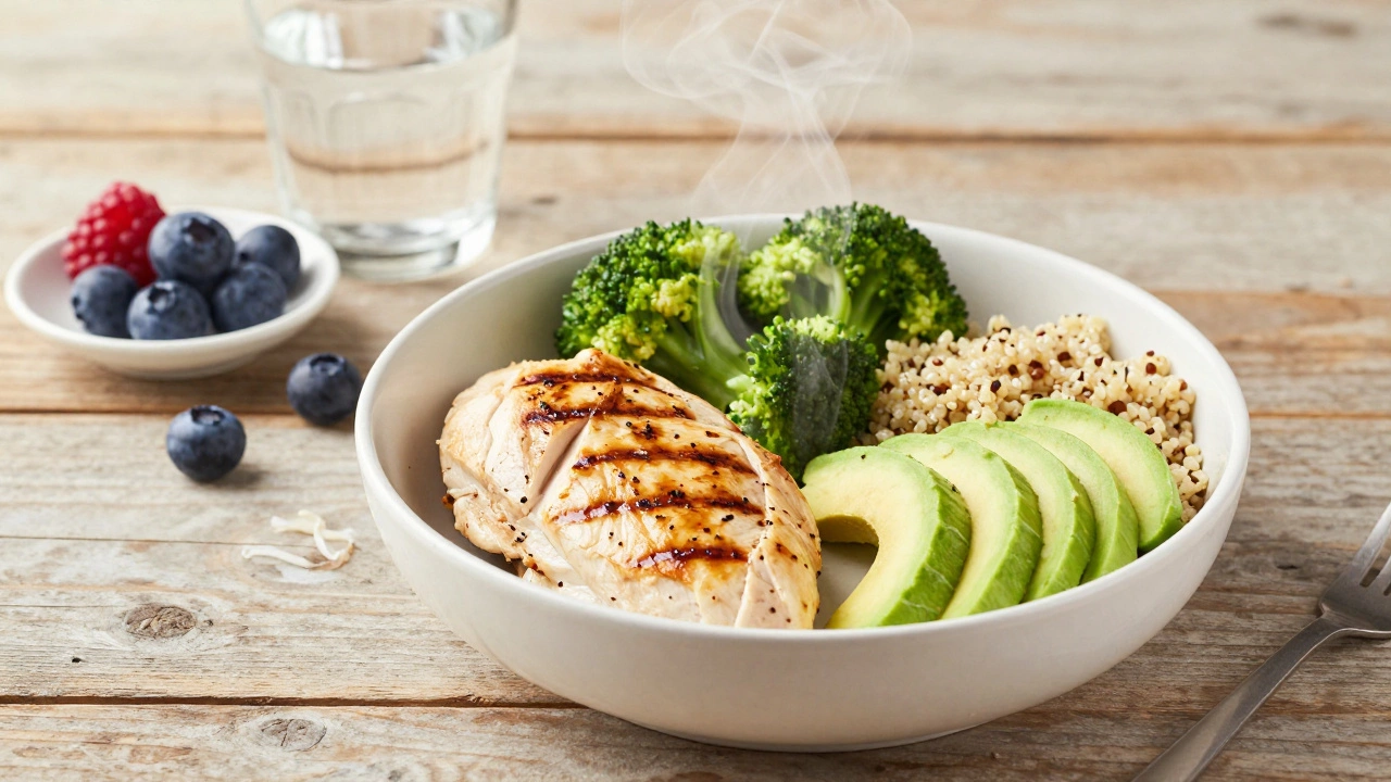 Healthy meal with chicken, broccoli, quinoa, and avocado on a wooden table
