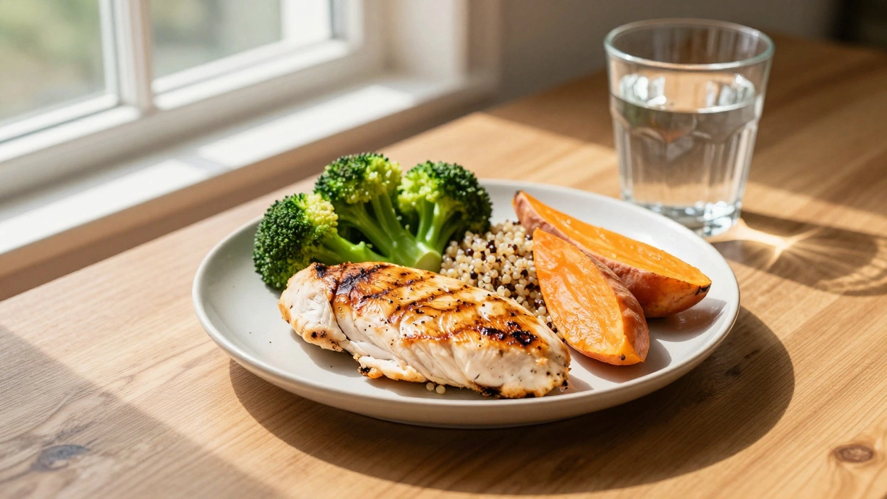 Healthy meal with protein and vegetables on a wooden table in natural light.