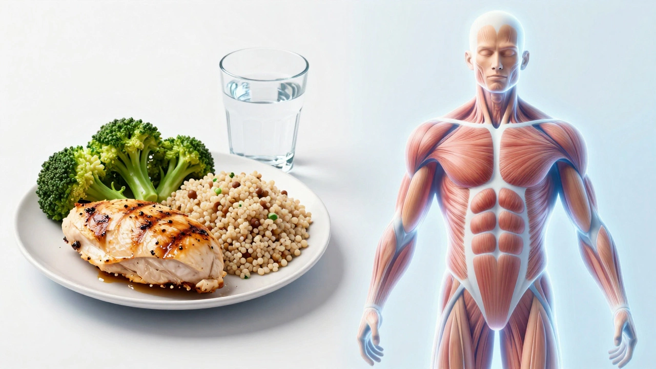 Healthy protein meal next to glowing muscle illustration