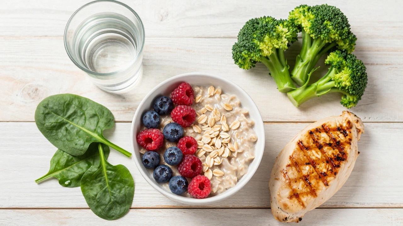 Healthy whole foods and water arranged on a wooden table
