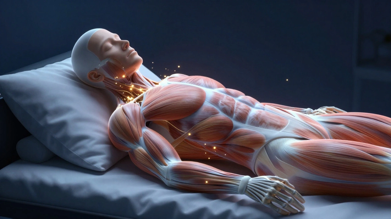 Illustration of muscles repairing and glowing during sleep