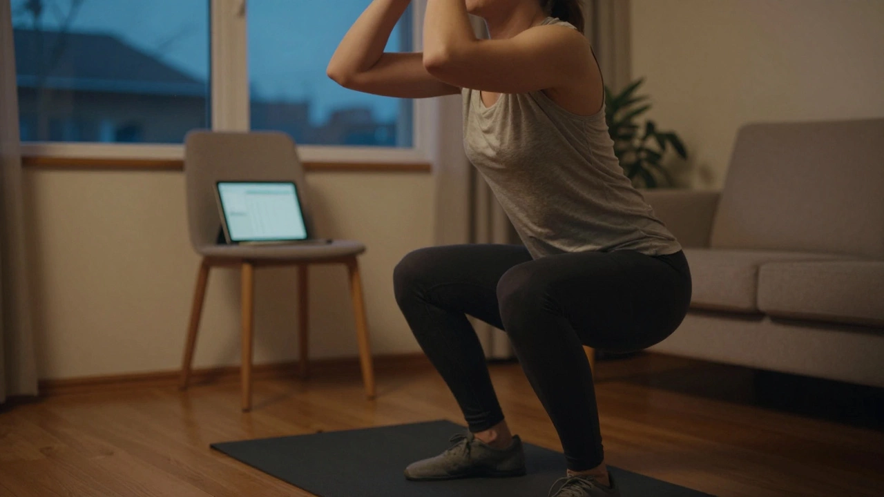 Person doing squats at home in the evening, focusing on consistent fitness routine.