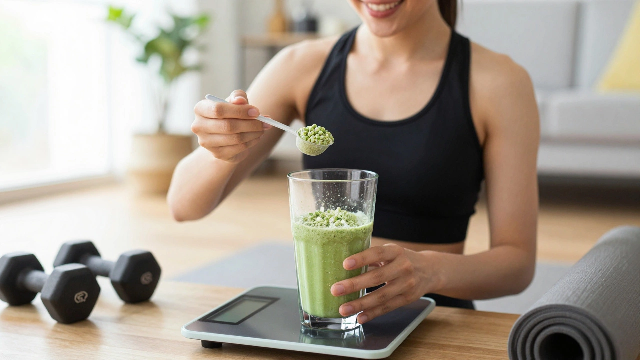 Person making a plant-based protein shake in a home gym